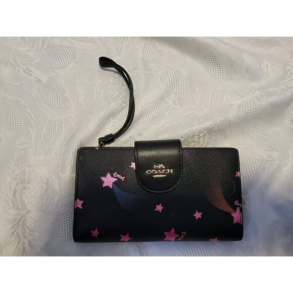 Coach Phone Wallet Wristlet with Disco Star Print Black Pink - Picture 1 of 9